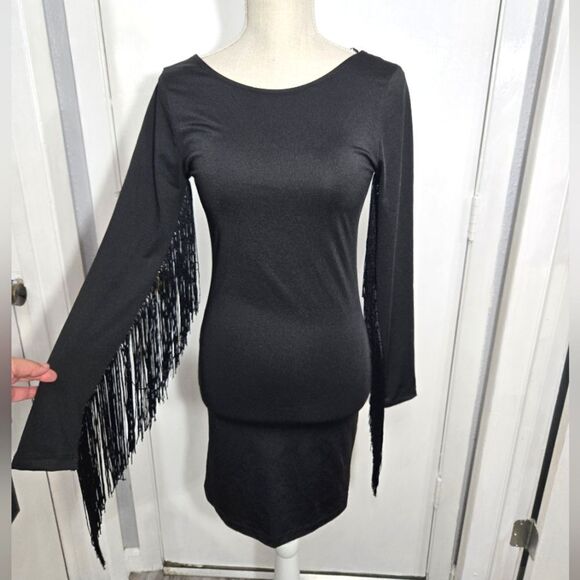 H&M black bodycon mini dress with fringe long sleeves sz 10 - Picture 3 of 9